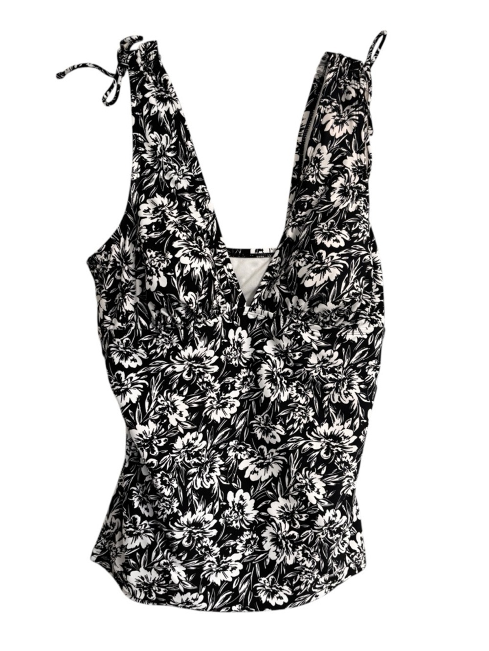 Kona Sol Black and White Floral Cinch Shoulder Swimsuit Tankini Top Size Large